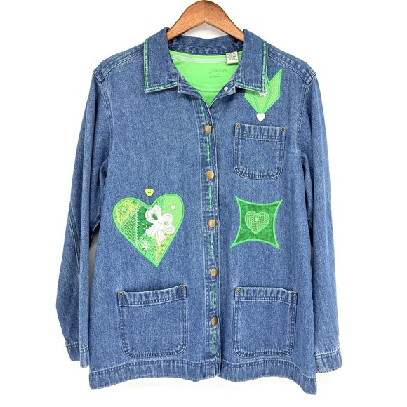 Classic Elements Tops - Classic Elements Womens Medium 10-12 Jean Top Green Accents St. Pattys Heart Vtg